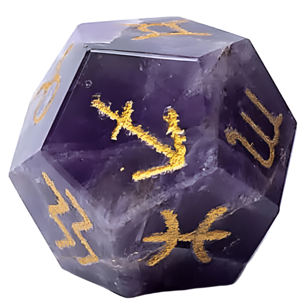 Ζάρι Μαντείας 12 όψεων από Αμέθυστο (Amethyst) με χαραγμένα σύμβολα των 12 Ζωδίων Διαστάσεις: 3 cm - mykarma.gr