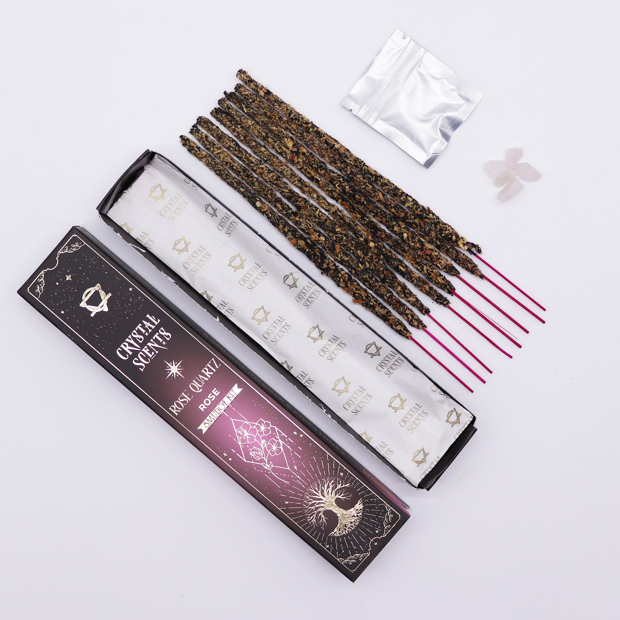 Smudge Kit - Χειροποίητα Αρωματικά Στικ που συνδυάζουν άρωμα από Τριαντάφυλλο & ενέργεια από ορυκτό Ροζ Χαλαζία (Rose Quartz) - mykarma.gr