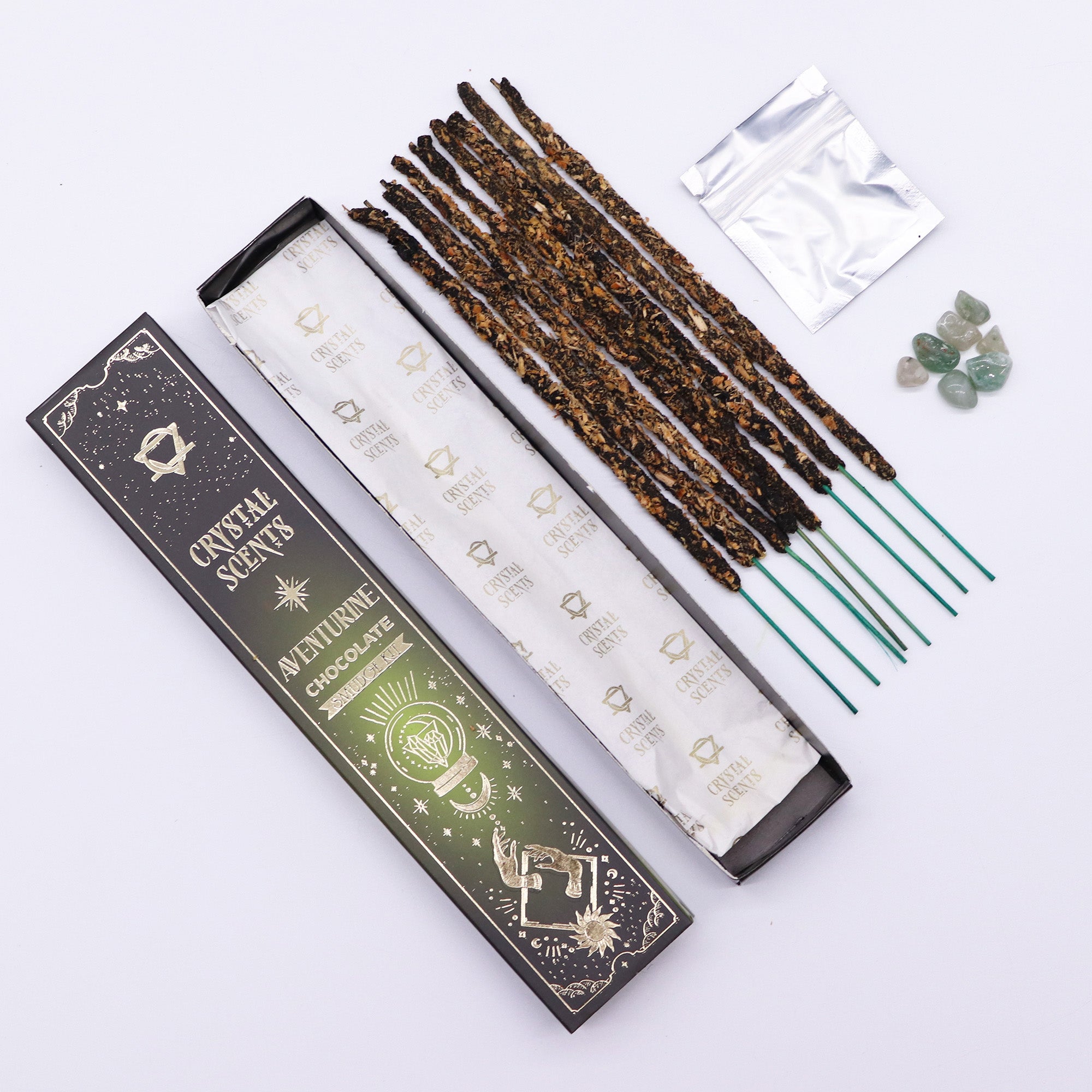 Smudge Kit - Χειροποίητα Αρωματικά Στικ που συνδυάζουν άρωμα από Σοκολάτα & ενέργεια από φυσικό κρύσταλλο Αβεντουρίνη (Aventurine) - mykarma.gr