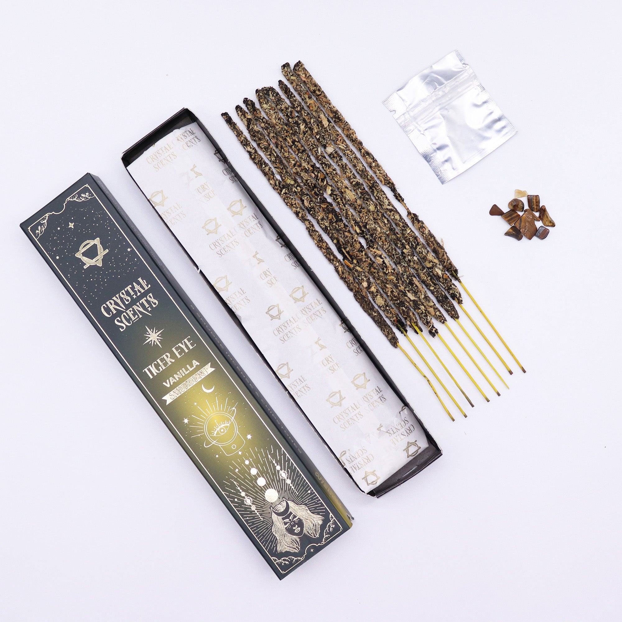 Smudge Kit - Χειροποίητα Αρωματικά Στικ που συνδυάζουν άρωμα Βανίλιας & ενέργεια από φυσικό κρύσταλλο Μάτι Τίγρη (Tiger Eye) - mykarma.gr