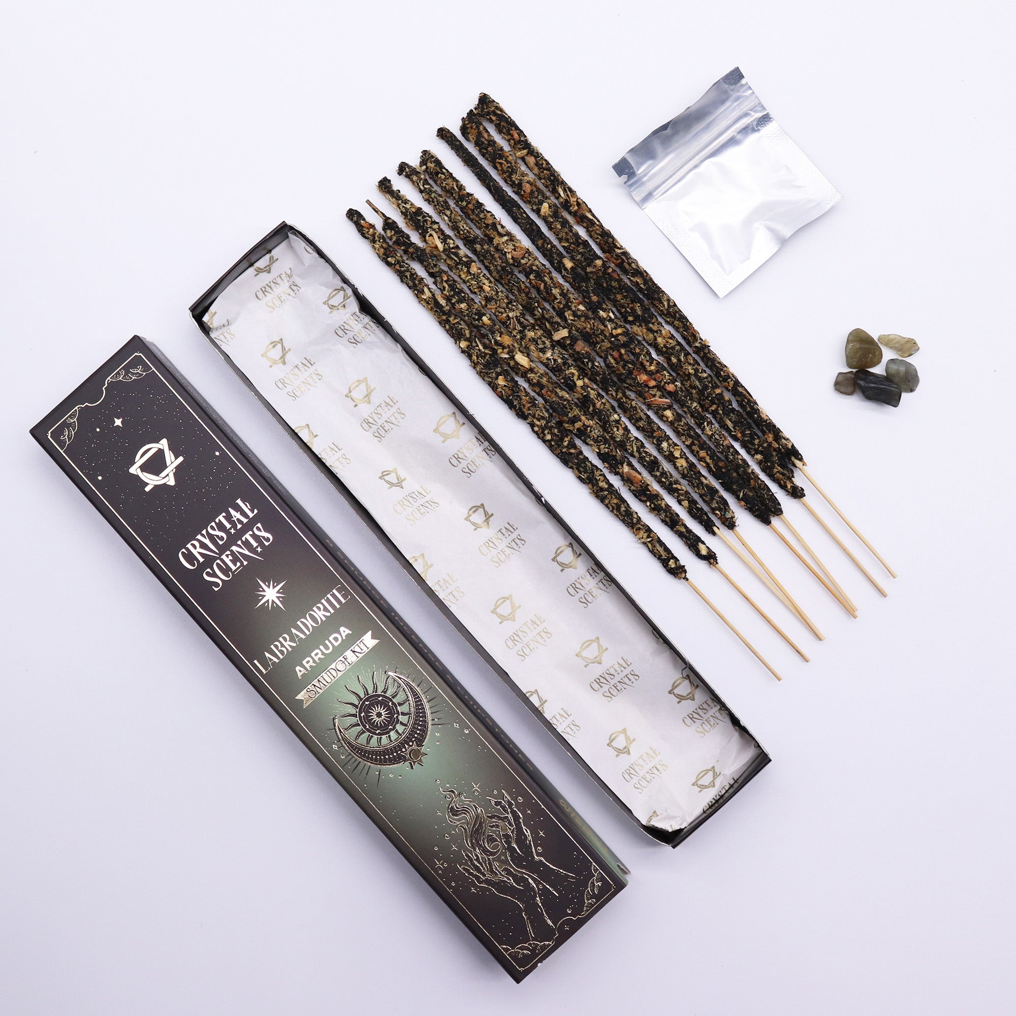 Smudge Kit - Χειροποίητα Αρωματικά Στικ που συνδυάζουν άρωμα Arruda (Ruta) & ενέργεια από φυσικό κρύσταλλο Λαμπραδορίτη (Labradorite) - mykarma.gr