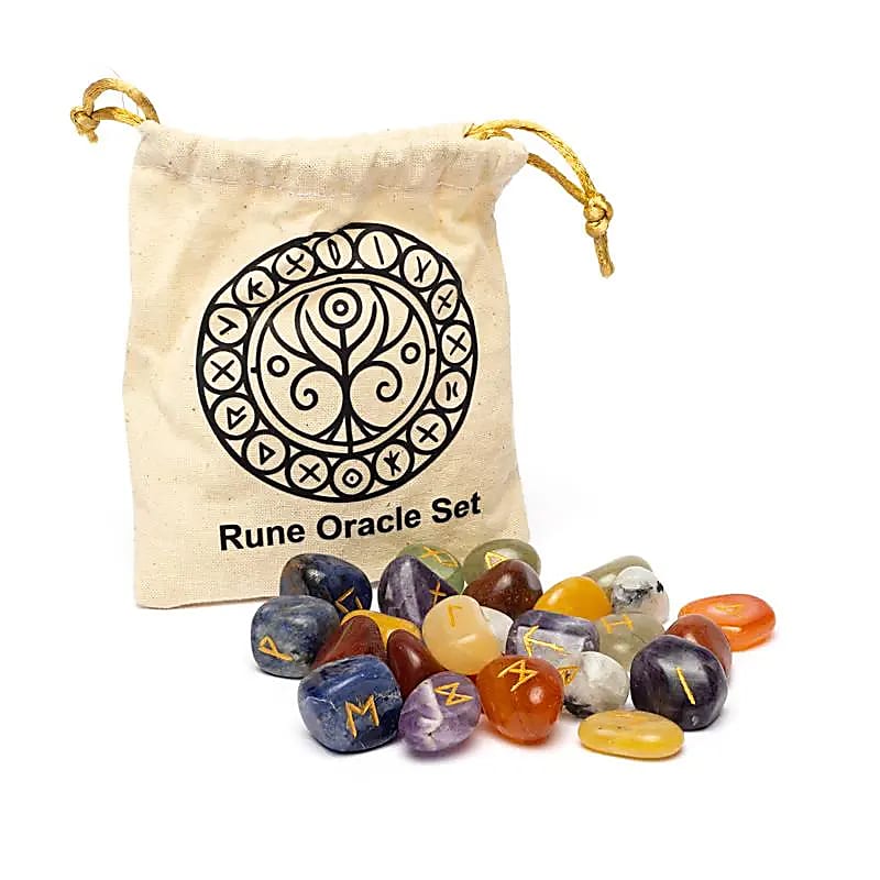 Runes Oracle Game-Σετ από 25 Ρουνάκια απο Φυσικούς Λίθους των 7 Chakra (Ποιότητα AA) για Μαντεία σε βαμβακερό πουγκί - δεν περιέχει επεξηγηματικό φυλλάδιο