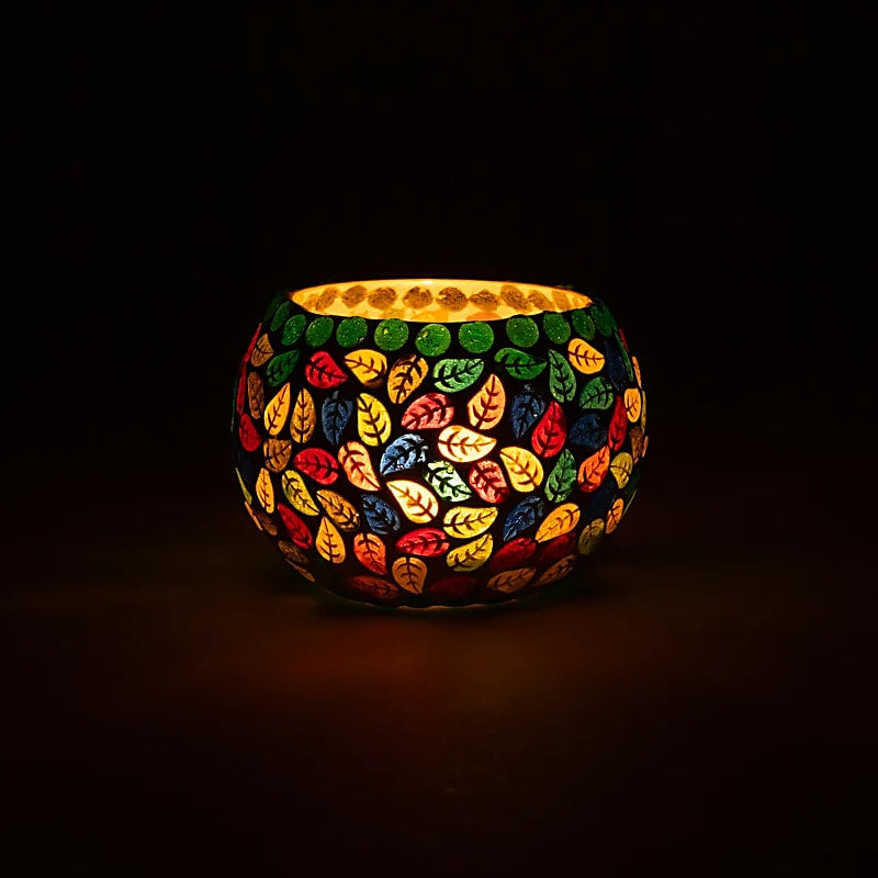 Μωσαϊκό φωτιστικό για κεριά - πολύχρωμα φύλλα Διαστάσεις: 9 cm - mykarma.gr