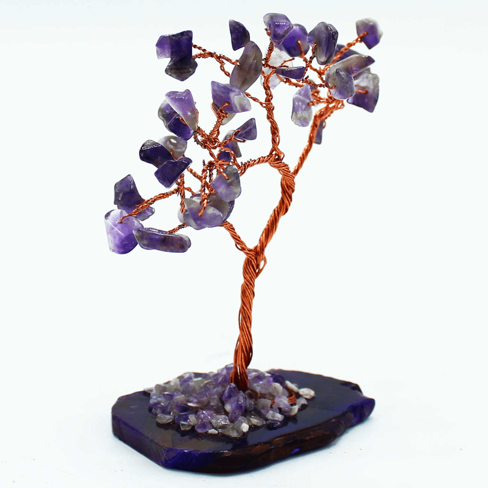 «Δέντρο της Ζωής» για Τύχη & Αφθονία με 35 Ημιπολύτιμους λίθους Αμέθυστο (Amethyst) σε Βάση από Μωβ Αχάτη (Agate) Διαστάσεις: 7x4,5x10 cm - mykarma.gr