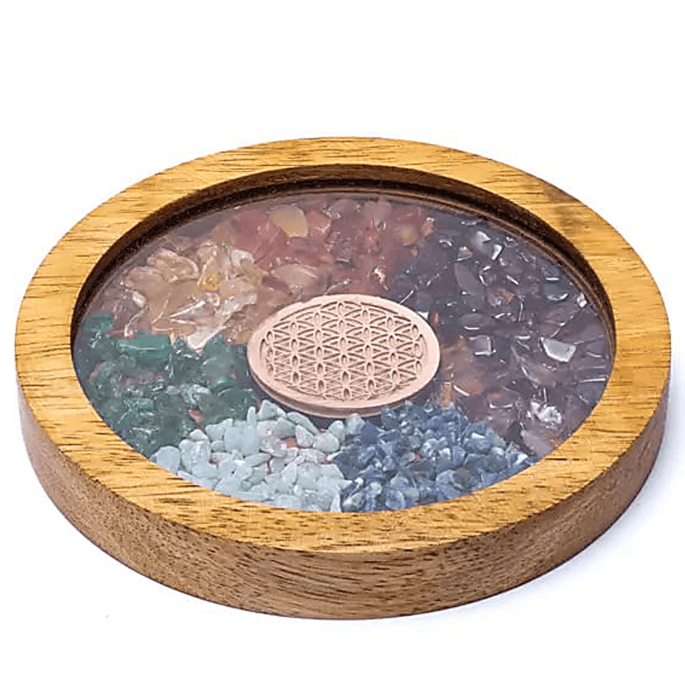 Σουβέρ - Με ημιπολύτιμους λίθους των 7 Chakra & Σύμβολο “Λουλούδι της Ζωής” Διαστάσεις: 10 x 1.7 cm - mykarma.gr