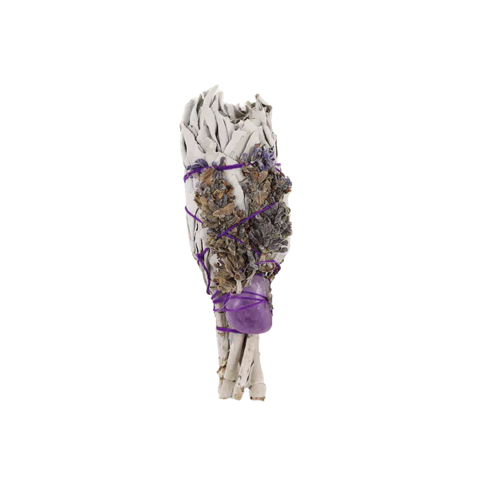 Αρωματικό φυσικό φυτικό θυμίαμα-Λευκό Φασκόμηλο (White Sage Smudge) με δεμένο κρύσταλλο Αμέθυστο «Εσωτερική Ισορροπία» Βάρος: 10 g Διαστάσεις: 10 εκ - mykarma.gr