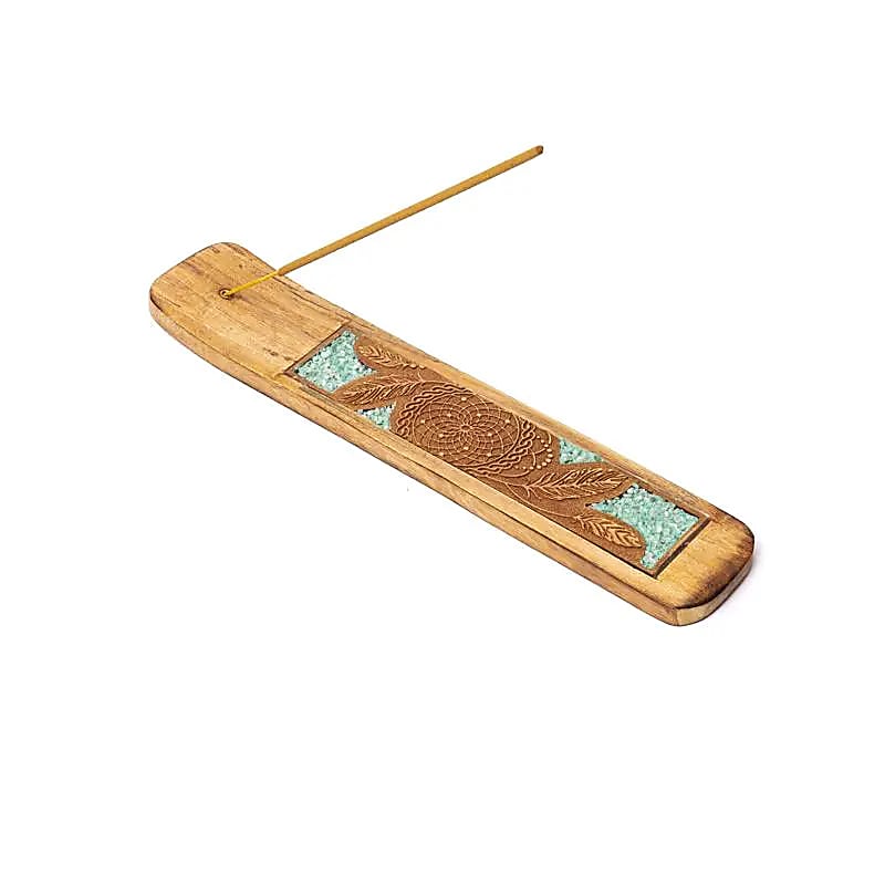 “Dreamcatcher” Ξύλινη Σκαλιστή Βάση για Στικ με Αμαζονιτη (Amazonite) Διαστάσεις: ±25,5 x 5 cm - mykarma.gr