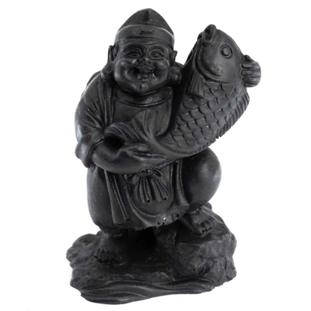 Αγαλματίδιο Χαρούμενου Βούδα με Ιερό Ψάρι από ημιπολύτιμο λίθο Σουνγίτη (Shungite) Διαστάσεις: 9 cm - mykarma.gr
