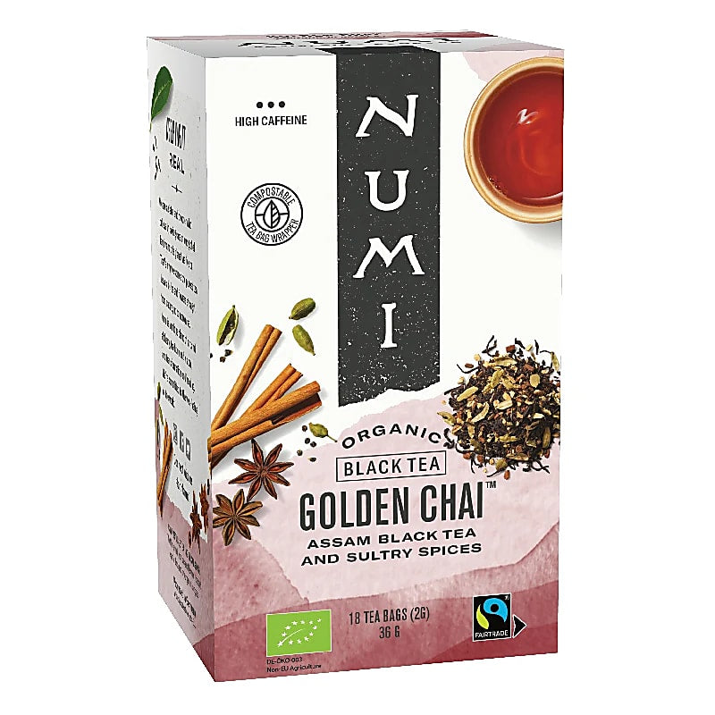 Organic Numi Golden Chai Tea - 18 x 2 g  ΣΑΚΟΥΛΑΚΙΑ Μαύρο τσάι Assam με κομμάτια κανέλας, τζίντζερ, γλυκάνισο και κάρδαμο-περιέχει καφεΐνη - mykarma.gr