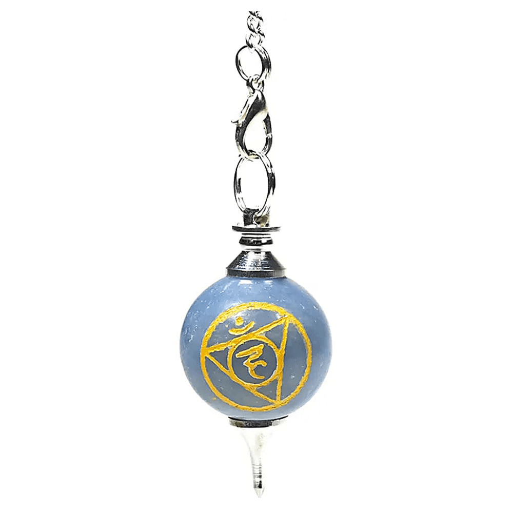 Εκκρεμές (Pendulum) από Αγγελίτη (Angelite) - χαραγμένο 5o Chakra Throat Vishudda 16 εκ 22 γρ - mykarma.gr