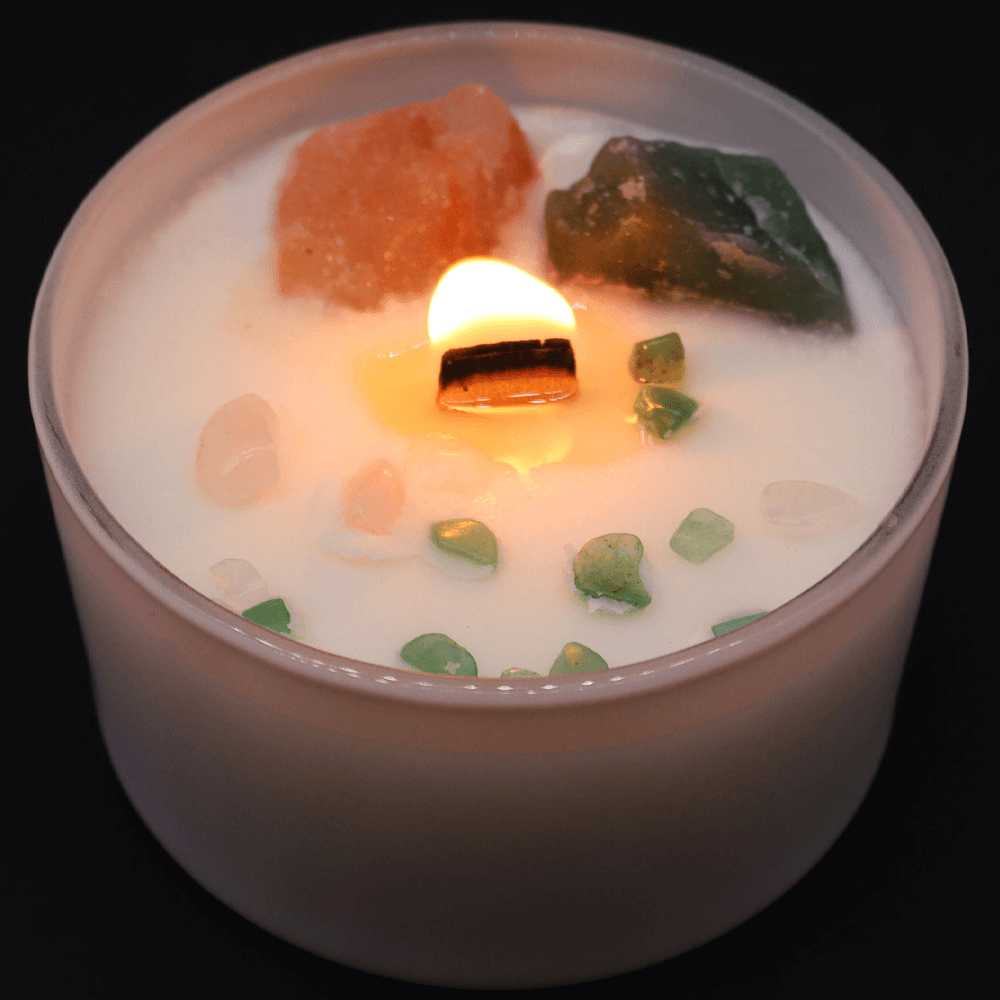 Αρωματικό Κερί 4o Chakra Heart Anahata με κύριο άρωμα Rose Musk & ημιπολύτιμους λίθους Ροζ Χαλαζία & Νεφρίτη Χρόνος καύσης ±17 ώρες - mykarma.gr