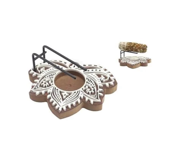 Ξύλινος Καυστήρας/Βάση ρεσώ «Lotus » για καύση Λευκού Φασκόμηλου (White Sage) & Palo Santo Διαστάσεις: 12,8×10,2×0,9 εκ - mykarma.gr