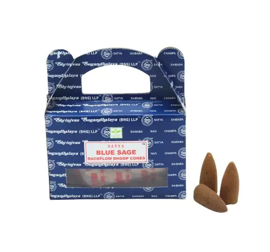 Κώνοι θυμιάματος αναστροφής ροής Satya Backflow Dhoop Cones - Μπλε Φασκόμηλο (Blue Sage) Βάρος: 75 g Περιεχει 24 κώνους