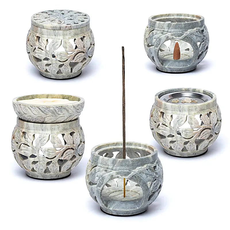 5 σε 1 Πολυλειτουργικός Καυστήρας από Σαπουνόπετρα με Floral μοτίβο Διαστάσεις: 11x12cm Βάρος: ±830gr - mykarma.gr