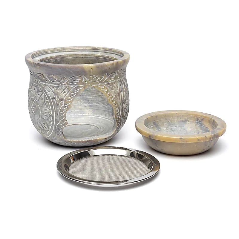 2 σε 1 Καυστήρας Θυμιάματος / Λάμπα αρωμάτων - γκρι σαπουνόπετρα-με κόσκινο Βάρος: 1500 g Διαστάσεις: 14 εκ - mykarma.gr