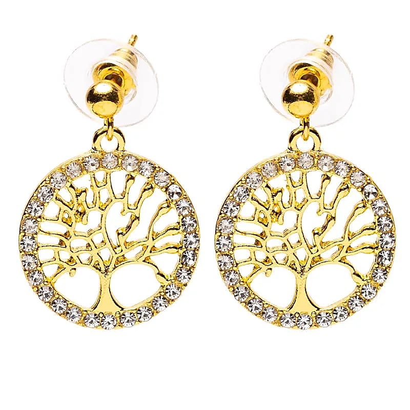 Σκουλαρίκια «Δέντρο της Ζωής» μέσα σε στρογγυλό πλαίσιο με στρας σε Χρυσό Χρώμα Διαστάσεις: ±2.5 εκ - mykarma.gr