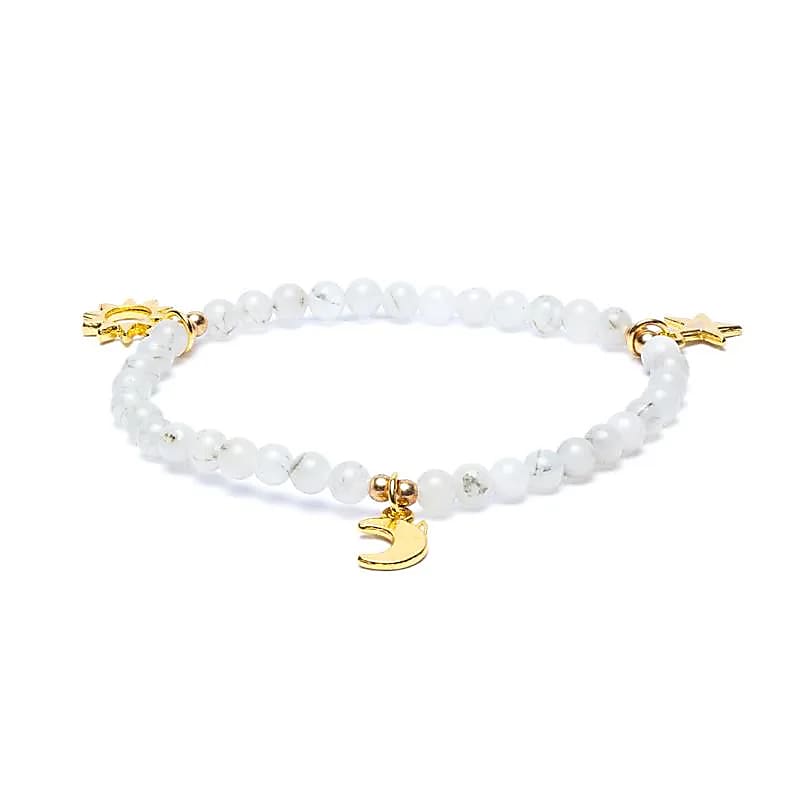 Βραχιόλι Φεγγαρόπετρα (Moonstone) με κρεμαστά Αστέρι,Ήλιος & Σελήνη - ελαστικό με χάντρες των 0,3 εκ - mykarma.gr