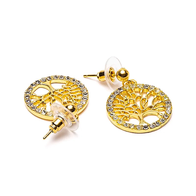 Σκουλαρίκια «Δέντρο της Ζωής» μέσα σε στρογγυλό πλαίσιο με στρας σε Χρυσό Χρώμα Διαστάσεις: ±2.5 εκ - mykarma.gr