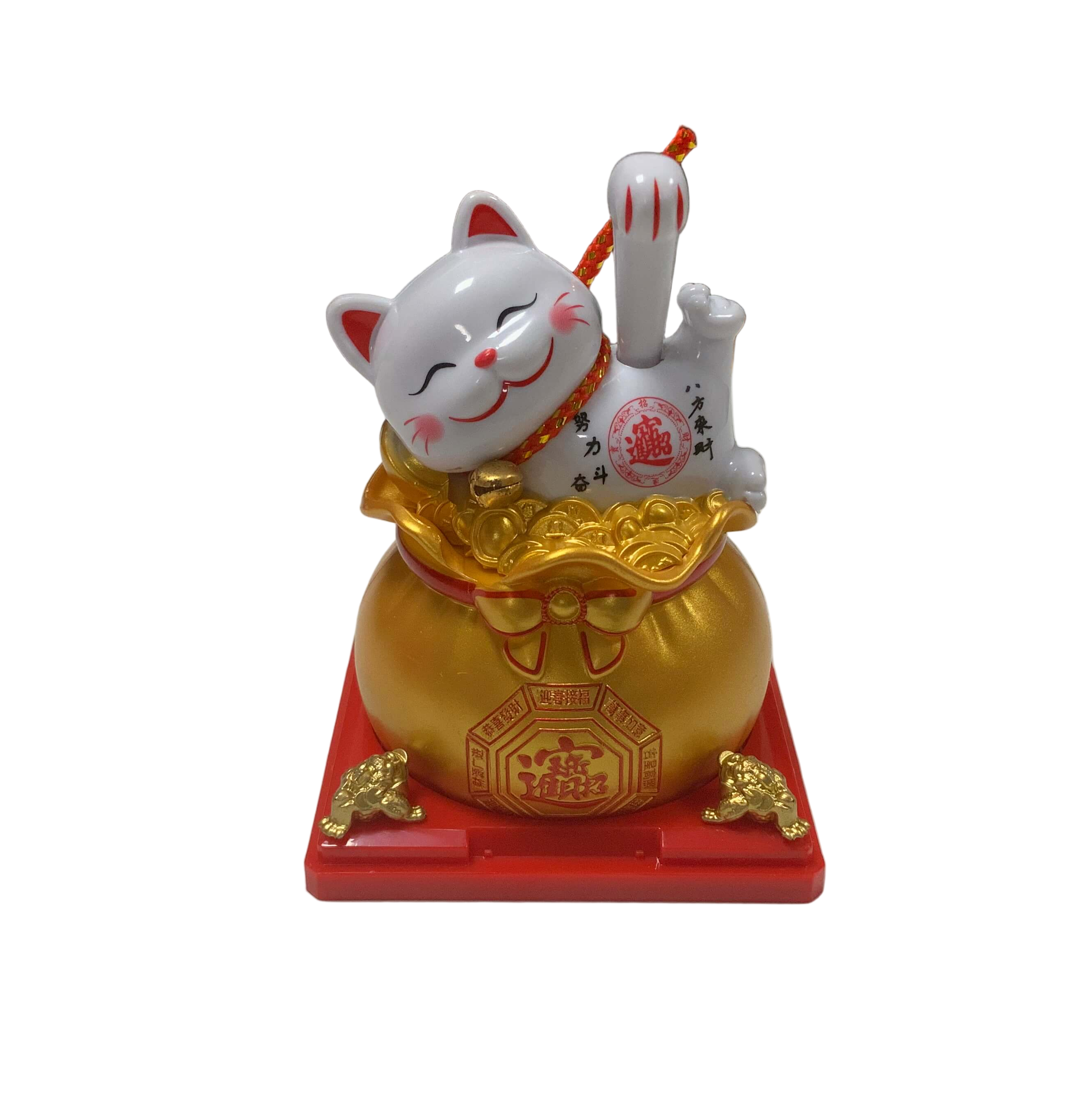 Maneki Lucky Cat - Σύμβολο καλής Τύχης & Πλούτου κουνάει το χέρι με χρυσό σάκο Διαστάσεις: 8 εκ