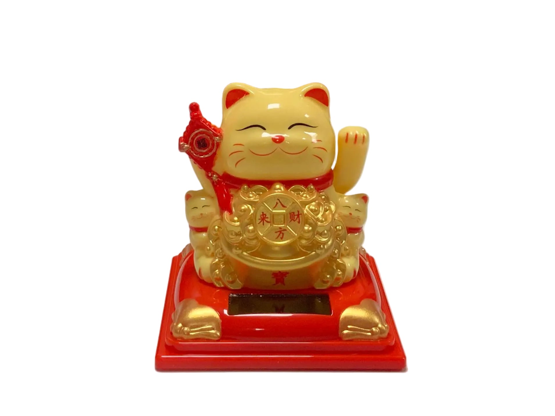 Maneki Lucky Cat - Σύμβολο καλής Τύχης & Πλούτου κουνάει το χέρι με τυχερά νομίσματα - κίτρινη Διαστάσεις: 8 εκ - mykarma.gr