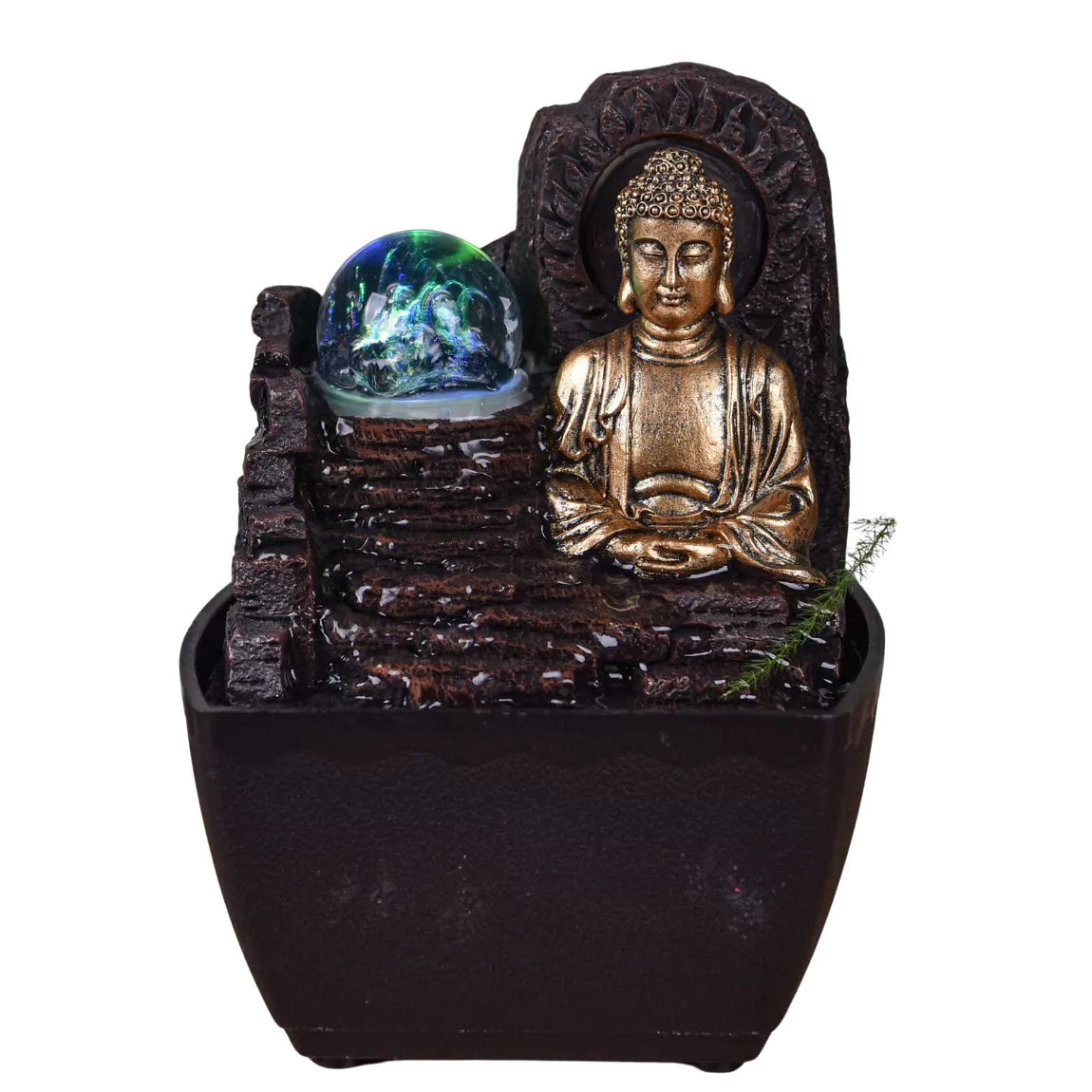 Συντριβάνι Zen Buddha “Theravada” με μπάλα & φωτάκι LED που αλλάζει χρώμα Διαστάσεις: 13 Χ 13 Χ 18 cm - mykarma.gr