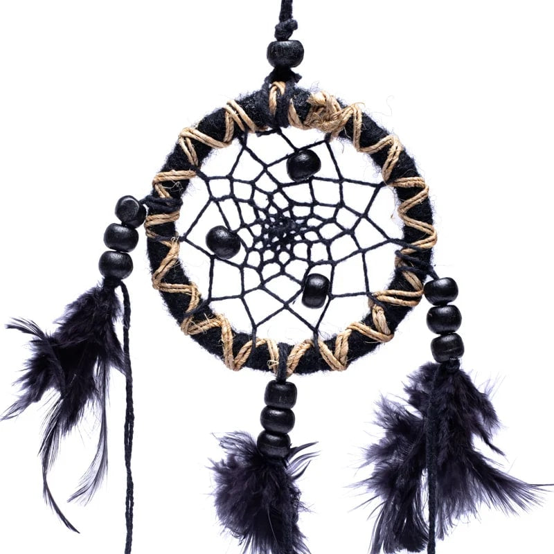Κρεμαστά τοίχου - Dreamcatcher - Ονειροπαγίδα - μαύρη με ίνα κάνναβης Διαστάσεις: 7,5 × 25 εκ - mykarma.gr