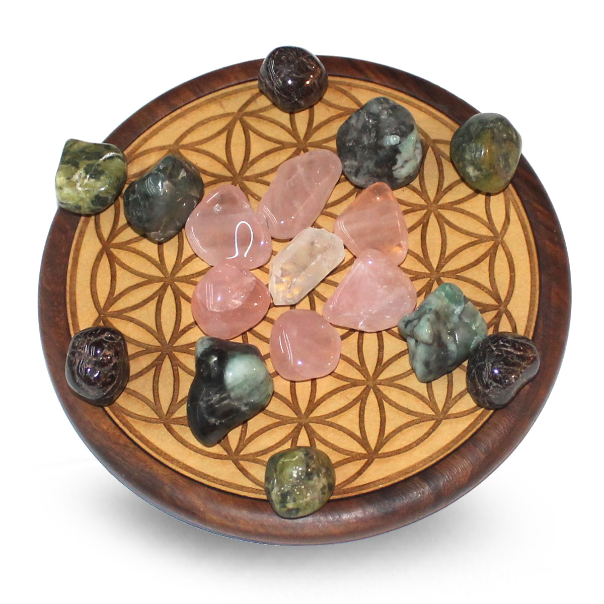 Wood Crystal Grid - Πλέγμα Κρυστάλλων Αγάπης-Love. Με 17 ημιπολύτιμους λίθους & ξύλο 15cm. - mykarma.gr