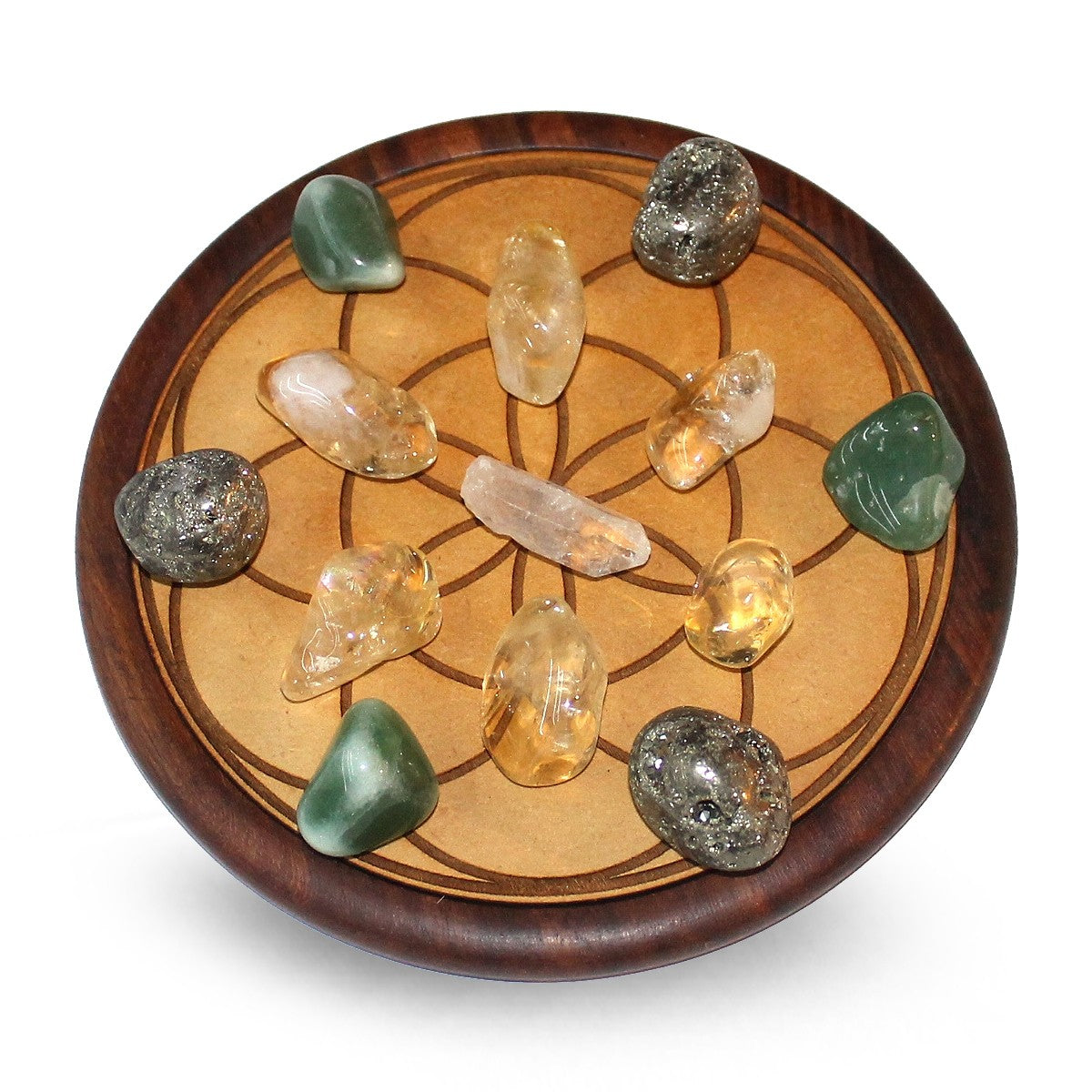 Wood Crystal Grid - Πλέγμα Κρυστάλλων Πλούτου & Αφθονίας-Prosperity.Με 13 ημιπολύτιμους λίθους & ξύλο 15cm. - mykarma.gr