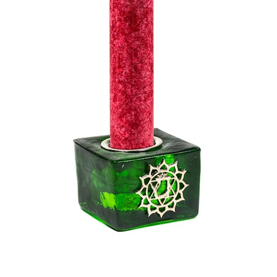 Γυάλινο Κηροπήγιο 4ο Chakra με σύμβολο «Heart Chakra» για κερί με διάμετρο ± 2.2 cm. Μέγεθος 4.5x4.5x3.5cm - mykarma.gr