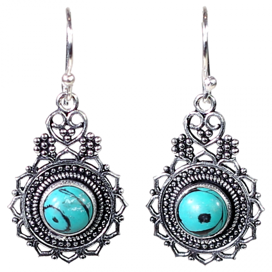 Σκουλαρίκια Μποέμικο Ορείχαλκο με Τυρκουάζ -Ασημί Χρώμα. 3 x 2 cm - mykarma.gr
