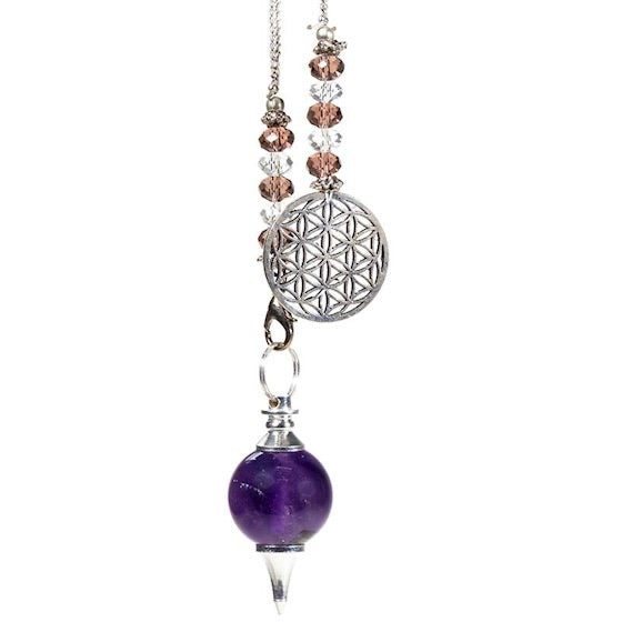 Εκκρεμές (Pendulum)”Flower of Life” με Αμέθυστο -Amethyst - σφαιρικό σχήμα - σε ορείχαλκο.Βάρος: 20 g.Διαστάσεις: 4 × 2 εκ - mykarma.gr