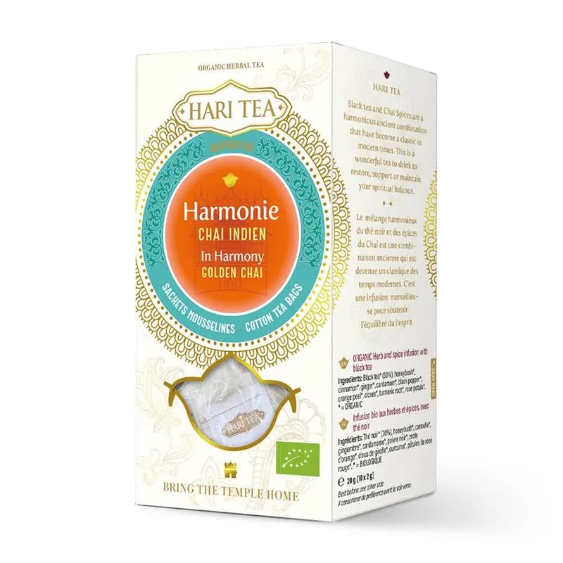 Organic Hari Tea Golden Chai - 10 x 2 g ΣΑΚΟΥΛΑΚΙΑ Τσάι για Αρμονία & Πνευματική Ισορροπία - περιέχει καφεΐνη - mykarma.gr
