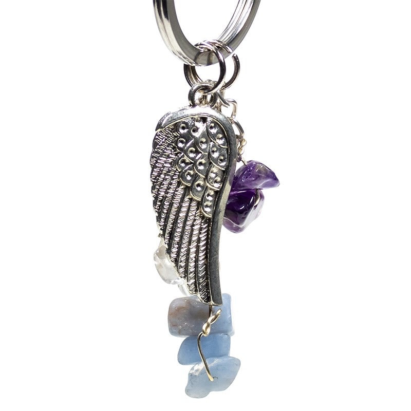 Μπρελόκ-Φτερό Αγγέλου με χάντρες από Αμέθυστο,Αγγελίτη & Λευκό Χαλαζία .Διαστάσεις: 10 εκ. - mykarma.gr