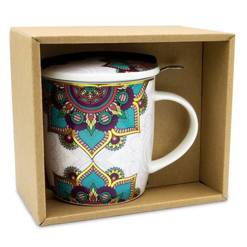 Ενα υπέροχο δώρο! Tea Infuser-Κούπα Mandala Τιρκουάζ .Υλικό:Πορσελάνη Περιεκτικότητα:400ml. - mykarma.gr