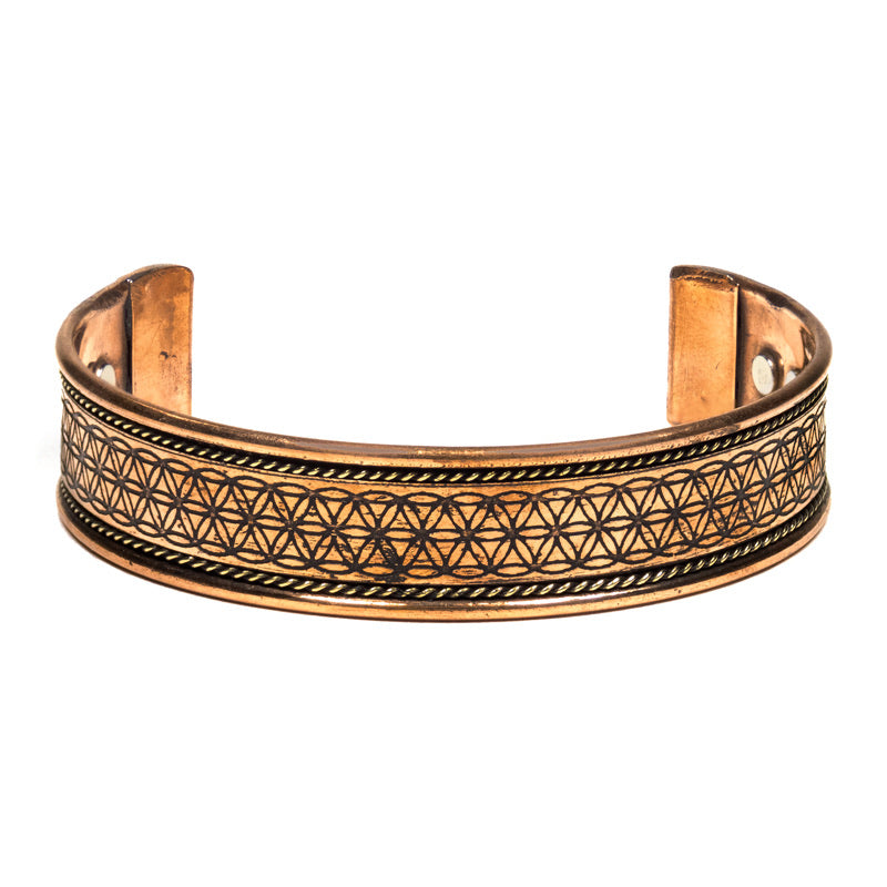 Βραχιόλι χάλκινο “Flower of Life” με μαγνήτες.Φάρδος: 1,7 εκ.Μεγεθος ρυθμιζόμενο. - mykarma.gr
