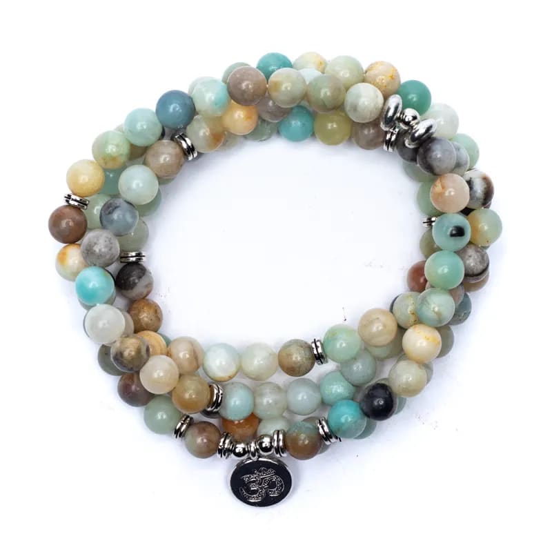Mala με Αμαζονίτη(Amazonite) 108 χάντρες- ελαστικό - με Ohm. Διαστάσεις: 0,8 cm + Τσάντα - mykarma.gr