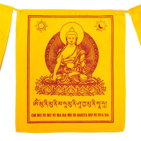 Flags-9 Θιβετιανές Σημαίες προσευχής Βούδας Shakyamuni με το Μάντρα. Διαστάσεις κάθε σημαίας: 22 × 20 εκ Συνολικό μήκος 200 εκ. - mykarma.gr