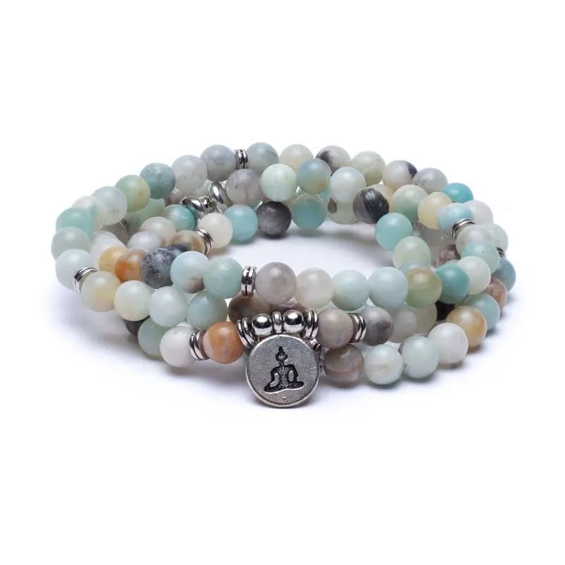 Mala με Αμαζονίτη(Amazonite) - ελαστικό 108 χάντρες - με τον Βούδα Διαστάσεις: 0,8 cm + Τσάντα - mykarma.gr