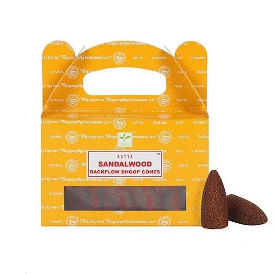 Κώνοι θυμιάματος αναστροφής ροής Satya Backflow Dhoop Cones -Sandalwood.Βάρος: 75 g.Περιεχει 24 κώνους. - mykarma.gr