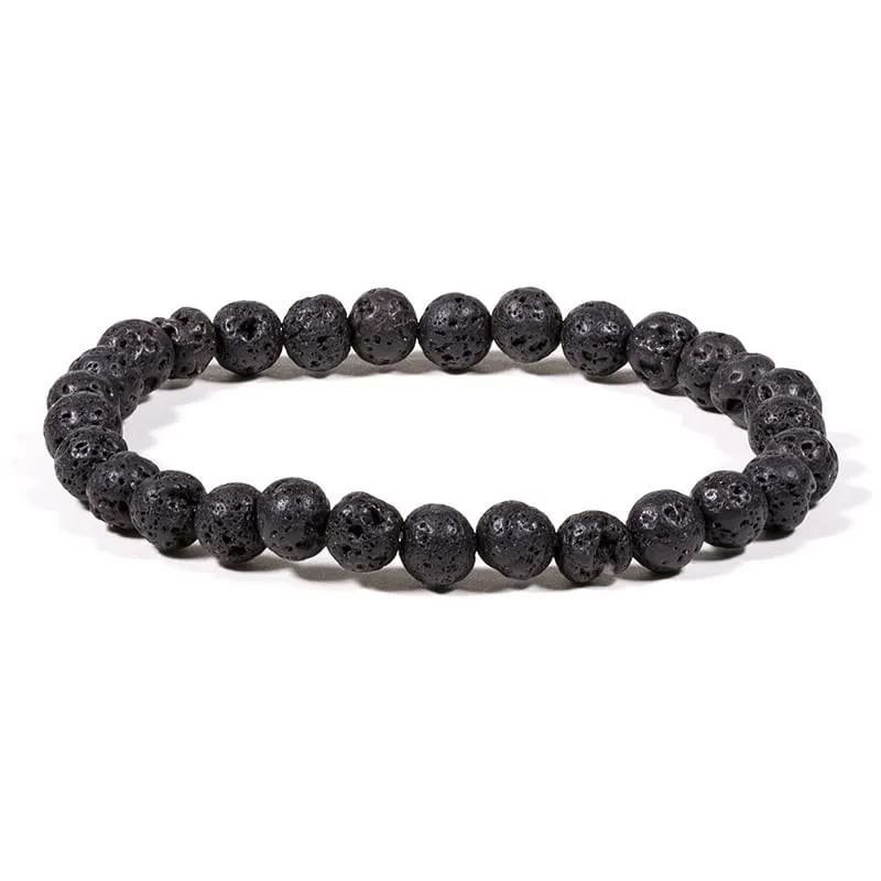 Ελαστικό Βραχιόλι από μαύρο βράχο Λάβας (Lava).Χάντρες ± 6mm. - mykarma.gr