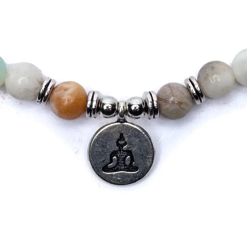 Mala με Αμαζονίτη(Amazonite) - ελαστικό 108 χάντρες - με τον Βούδα Διαστάσεις: 0,8 cm + Τσάντα - mykarma.gr