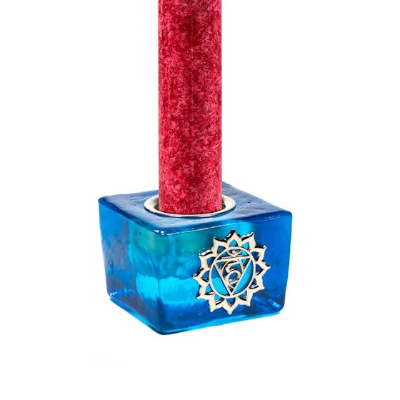 Γυάλινο Κηροπήγιο 5ο Chakra με σύμβολο «Throat Chakra» για κερί με διάμετρο ± 2.2 cm. Μέγεθος 4.5x4.5x3.5cm - mykarma.gr