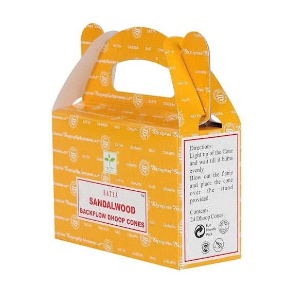 Κώνοι θυμιάματος αναστροφής ροής Satya Backflow Dhoop Cones -Sandalwood.Βάρος: 75 g.Περιεχει 24 κώνους. - mykarma.gr