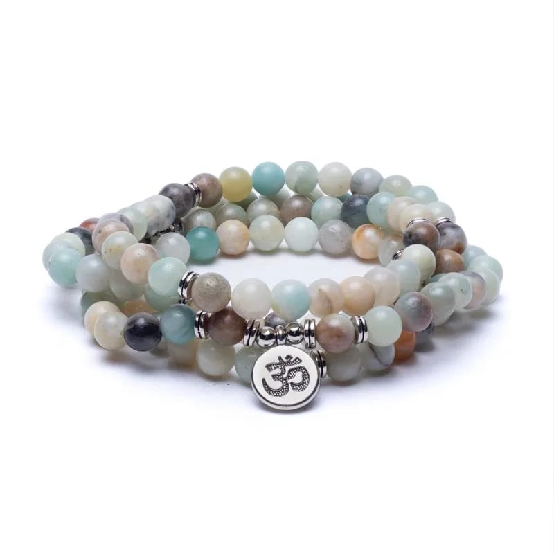 Mala με Αμαζονίτη(Amazonite) 108 χάντρες- ελαστικό - με Ohm. Διαστάσεις: 0,8 cm + Τσάντα - mykarma.gr