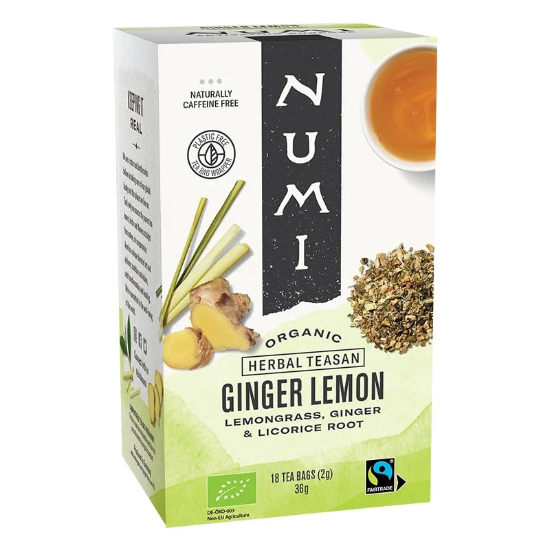 Organic Numi Herbal Tea - 18 x 2 g ΣΑΚΟΥΛΑΚΙΑ Τσάι με Τζίντζερ,Λεμόνι & Ρίζα Γλυκόριζας χωρίς Καφεΐνη - mykarma.gr