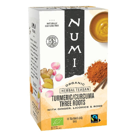 Organic Numi Turmeric Tea Three Roots - 12 x 3,35 g  ΣΑΚΟΥΛΑΚΙΑ  Τσάι με Κουρκουμά,Τζίντζερ, Γλυκόριζα & Τριαντάφυλλο  χωρίς Καφεΐνη - mykarma.gr