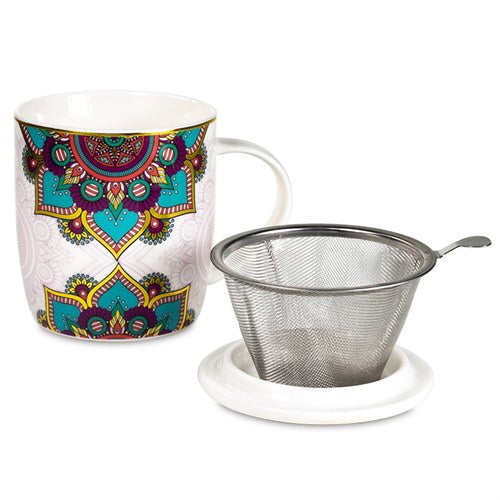 Ενα υπέροχο δώρο! Tea Infuser-Κούπα Mandala Τιρκουάζ .Υλικό:Πορσελάνη Περιεκτικότητα:400ml. - mykarma.gr