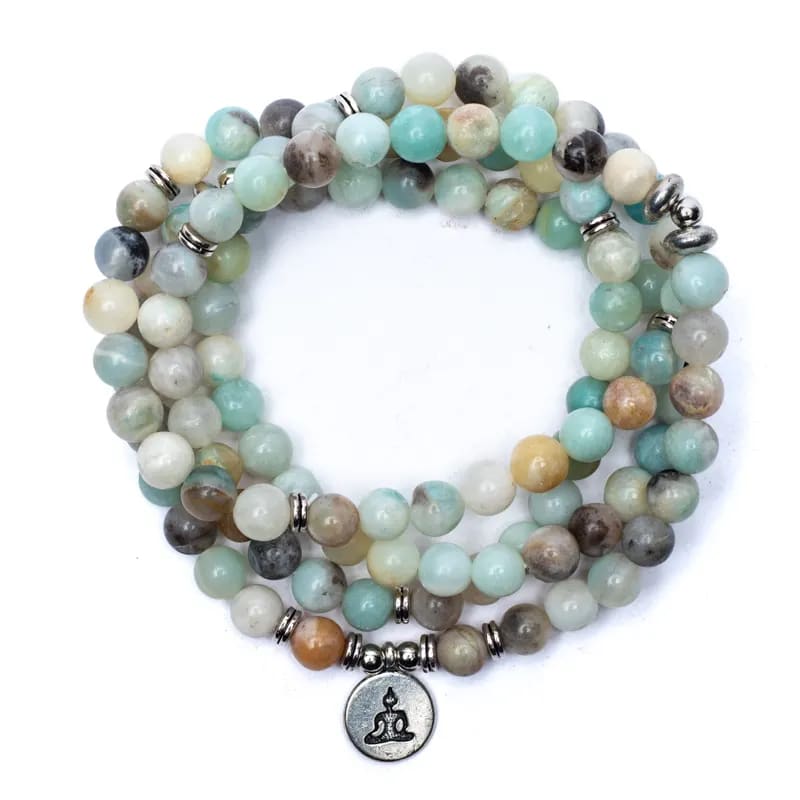 Mala με Αμαζονίτη(Amazonite) - ελαστικό 108 χάντρες - με τον Βούδα Διαστάσεις: 0,8 cm + Τσάντα - mykarma.gr