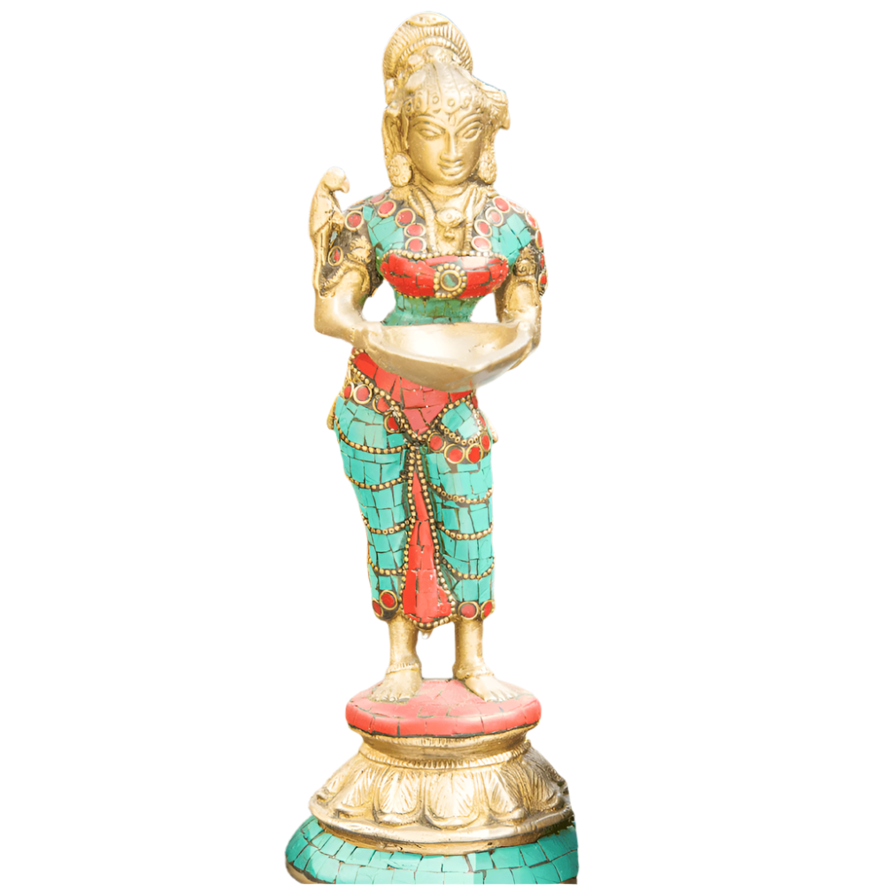 Άγαλμα Lakshmi με κοράλλι και τιρκουάζ πέτρες - 24 cm - mykarma.gr