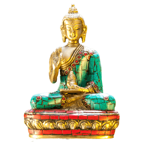 Άγαλμα καθιστός Kanakamuni Βούδας με τιρκουάζ και κοραλλί πέτρες - 11,5 cm - mykarma.gr